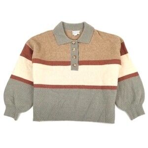 Balloon Sleeve Button Down Polo Sweater Striped Olive Green Womens Plus‎ Size 1X